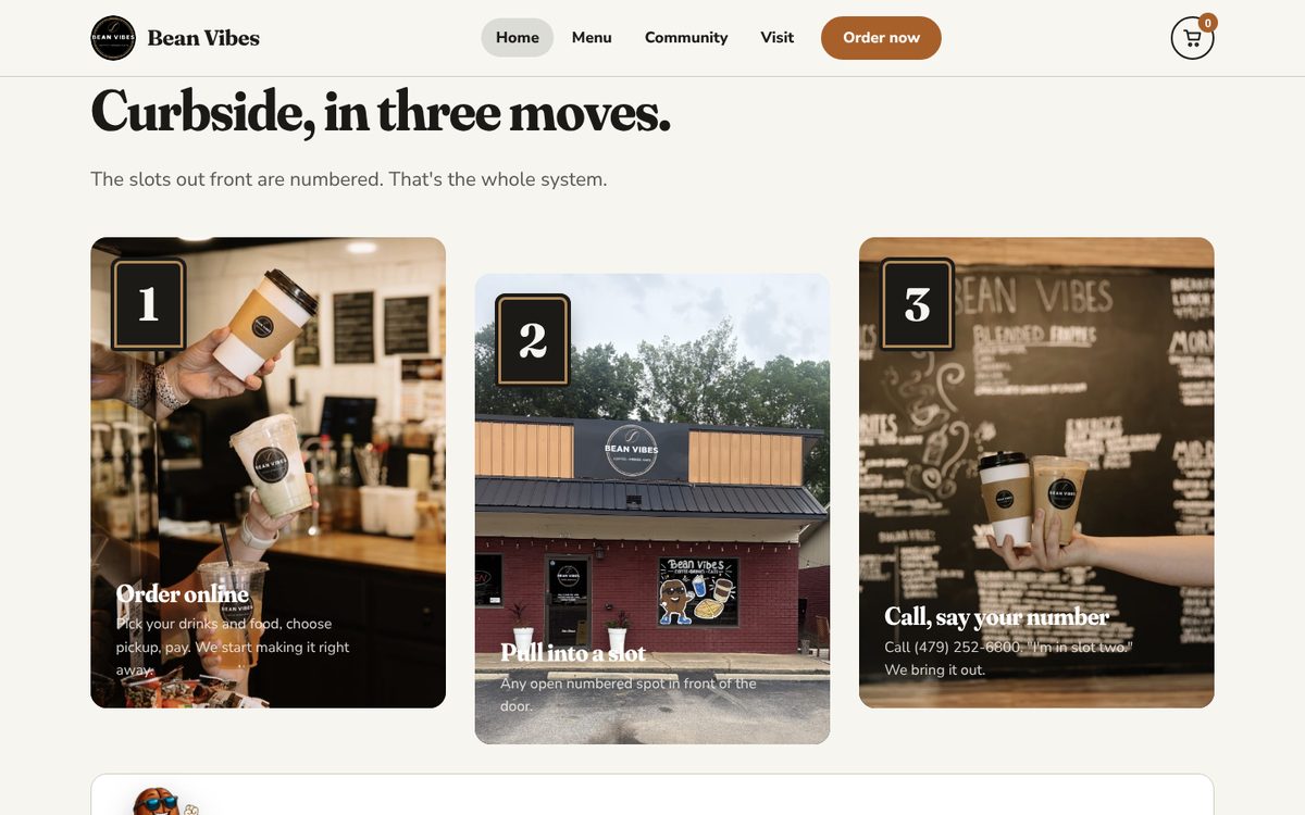 The curbside section on the Bean Vibes site, with three numbered steps