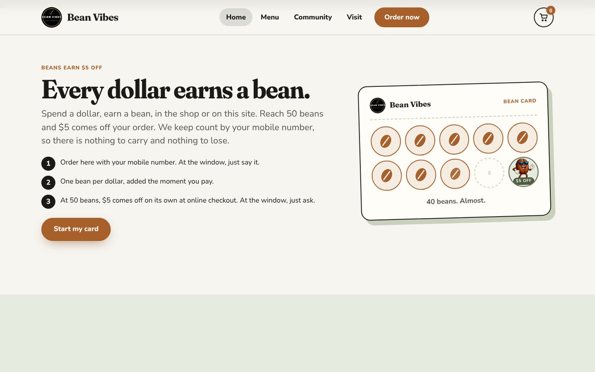 The Bean Vibes loyalty card, one bean per dollar