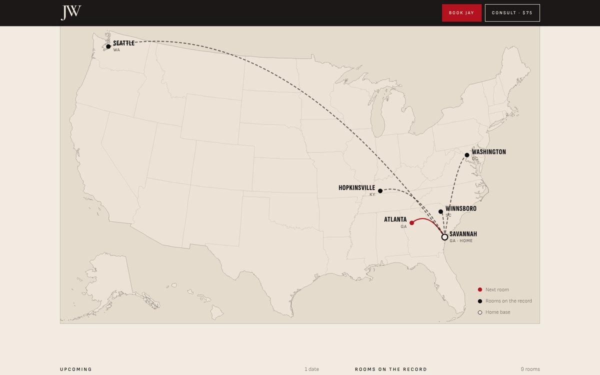 The travel map on the Jay Washington Ministries site, with routes from Savannah
