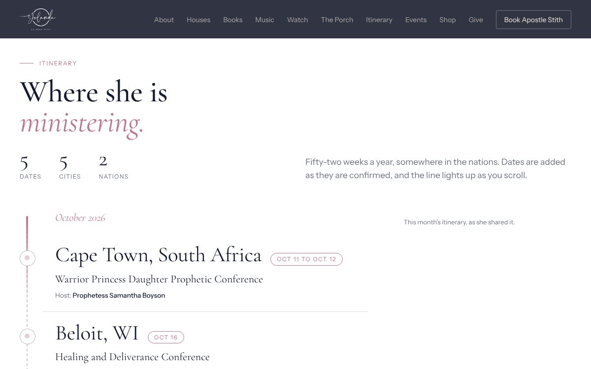 The living itinerary on the Yolanda Stith Ministries site